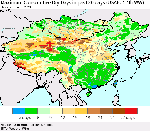 China, Mongolia and Taiwan Maximum Consecutive Dry Days in past 30 days (USAF 557th WW) 06/05/2023 Thematic Map For 6/1/2023 - 6/5/2023