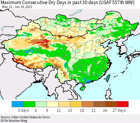 China, Mongolia and Taiwan Maximum Consecutive Dry Days in past 30 days (USAF 557th WW) 06/10/2023 Thematic Map For 6/6/2023 - 6/10/2023