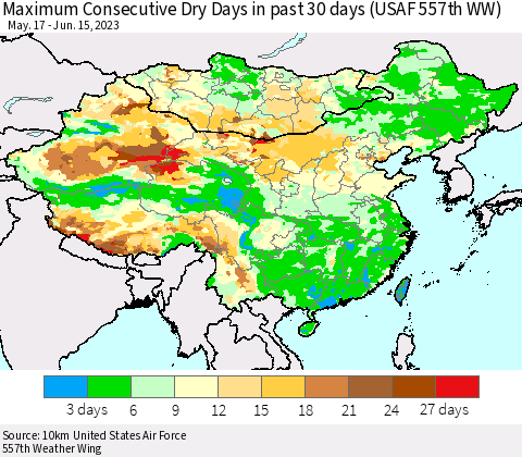 China, Mongolia and Taiwan Maximum Consecutive Dry Days in past 30 days (USAF 557th WW) 06/15/2023 Thematic Map For 6/11/2023 - 6/15/2023
