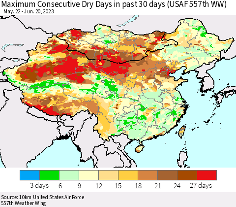 China, Mongolia and Taiwan Maximum Consecutive Dry Days in past 30 days (USAF 557th WW) 06/20/2023 Thematic Map For 6/16/2023 - 6/20/2023