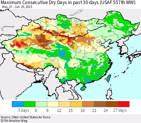 China, Mongolia and Taiwan Maximum Consecutive Dry Days in past 30 days (USAF 557th WW) 06/25/2023 Thematic Map For 6/21/2023 - 6/25/2023