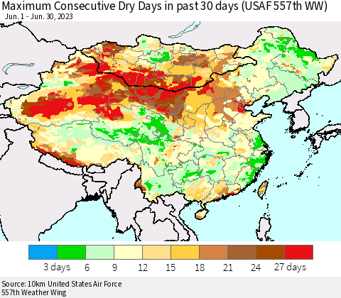 China, Mongolia and Taiwan Maximum Consecutive Dry Days in past 30 days (USAF 557th WW) 06/30/2023 Thematic Map For 6/26/2023 - 6/30/2023