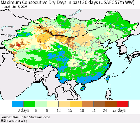 China, Mongolia and Taiwan Maximum Consecutive Dry Days in past 30 days (USAF 557th WW) 07/05/2023 Thematic Map For 7/1/2023 - 7/5/2023