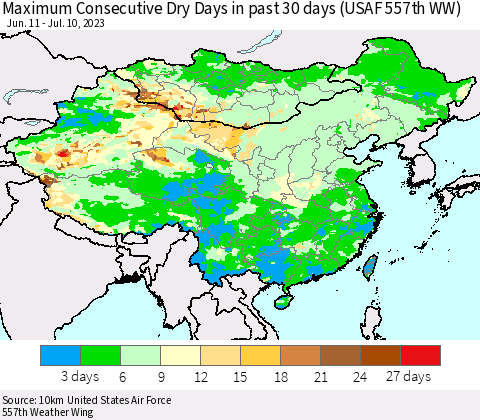 China, Mongolia and Taiwan Maximum Consecutive Dry Days in past 30 days (USAF 557th WW) 07/10/2023 Thematic Map For 7/6/2023 - 7/10/2023