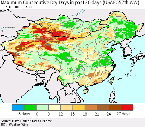 China, Mongolia and Taiwan Maximum Consecutive Dry Days in past 30 days (USAF 557th WW) 07/15/2023 Thematic Map For 7/11/2023 - 7/15/2023