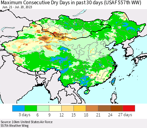 China, Mongolia and Taiwan Maximum Consecutive Dry Days in past 30 days (USAF 557th WW) 07/20/2023 Thematic Map For 7/16/2023 - 7/20/2023
