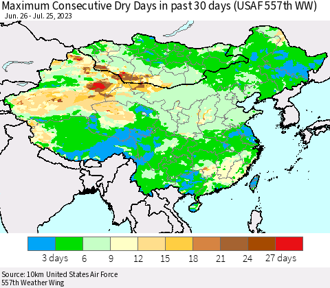 China, Mongolia and Taiwan Maximum Consecutive Dry Days in past 30 days (USAF 557th WW) 07/25/2023 Thematic Map For 7/21/2023 - 7/25/2023