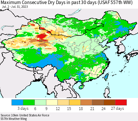 China, Mongolia and Taiwan Maximum Consecutive Dry Days in past 30 days (USAF 557th WW) 07/31/2023 Thematic Map For 7/26/2023 - 7/31/2023