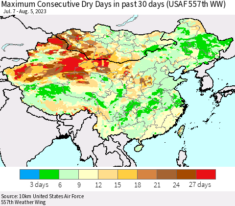 China, Mongolia and Taiwan Maximum Consecutive Dry Days in past 30 days (USAF 557th WW) 08/05/2023 Thematic Map For 8/1/2023 - 8/5/2023