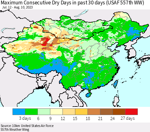 China, Mongolia and Taiwan Maximum Consecutive Dry Days in past 30 days (USAF 557th WW) 08/10/2023 Thematic Map For 8/6/2023 - 8/10/2023