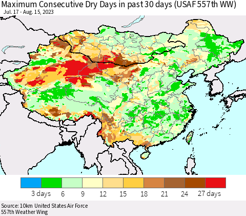 China, Mongolia and Taiwan Maximum Consecutive Dry Days in past 30 days (USAF 557th WW) 08/15/2023 Thematic Map For 8/11/2023 - 8/15/2023