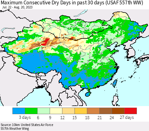 China, Mongolia and Taiwan Maximum Consecutive Dry Days in past 30 days (USAF 557th WW) 08/20/2023 Thematic Map For 8/16/2023 - 8/20/2023