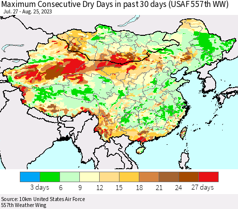 China, Mongolia and Taiwan Maximum Consecutive Dry Days in past 30 days (USAF 557th WW) 08/25/2023 Thematic Map For 8/21/2023 - 8/25/2023