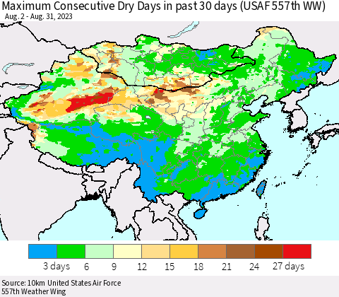 China, Mongolia and Taiwan Maximum Consecutive Dry Days in past 30 days (USAF 557th WW) 08/31/2023 Thematic Map For 8/26/2023 - 8/31/2023