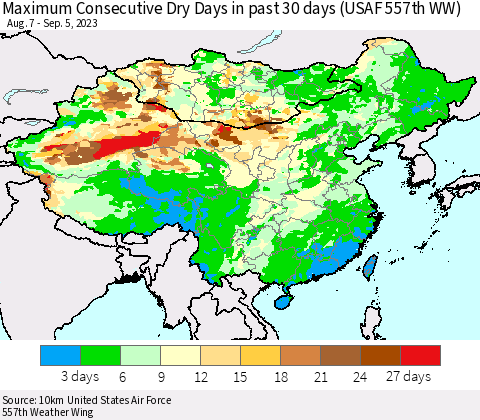 China, Mongolia and Taiwan Maximum Consecutive Dry Days in past 30 days (USAF 557th WW) 09/05/2023 Thematic Map For 9/1/2023 - 9/5/2023