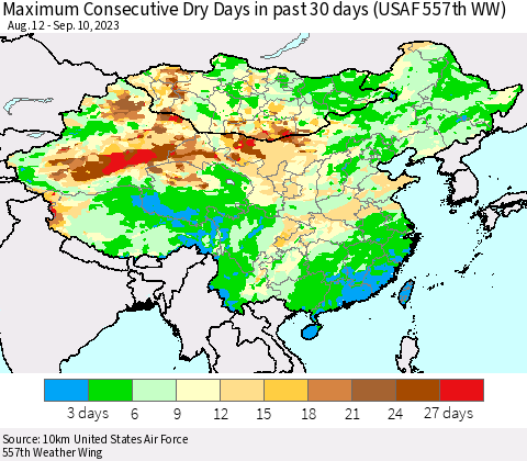 China, Mongolia and Taiwan Maximum Consecutive Dry Days in past 30 days (USAF 557th WW) 09/10/2023 Thematic Map For 9/6/2023 - 9/10/2023