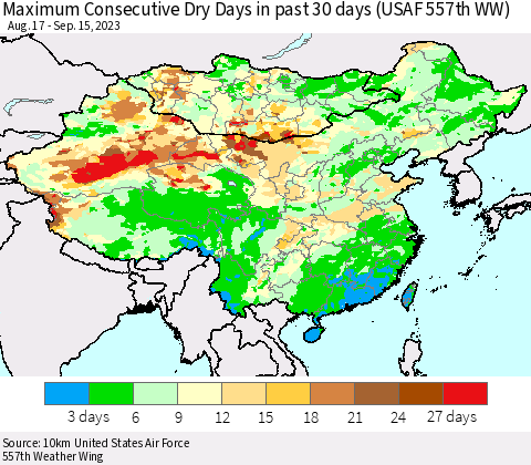 China, Mongolia and Taiwan Maximum Consecutive Dry Days in past 30 days (USAF 557th WW) 09/15/2023 Thematic Map For 9/11/2023 - 9/15/2023