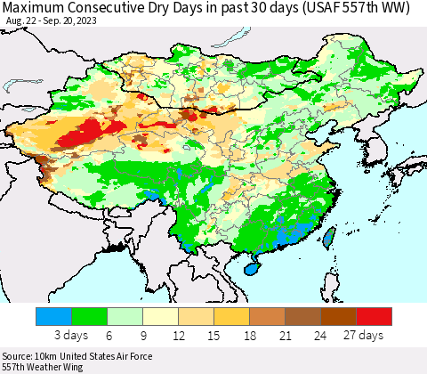 China, Mongolia and Taiwan Maximum Consecutive Dry Days in past 30 days (USAF 557th WW) 09/20/2023 Thematic Map For 9/16/2023 - 9/20/2023