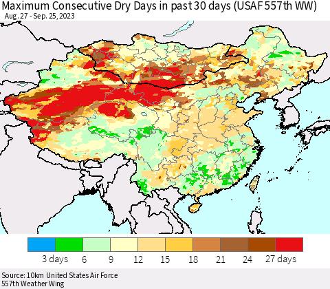 China, Mongolia and Taiwan Maximum Consecutive Dry Days in past 30 days (USAF 557th WW) 09/25/2023 Thematic Map For 9/21/2023 - 9/25/2023