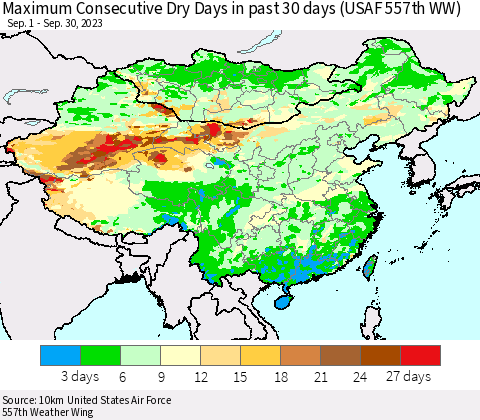 China, Mongolia and Taiwan Maximum Consecutive Dry Days in past 30 days (USAF 557th WW) 09/30/2023 Thematic Map For 9/26/2023 - 9/30/2023