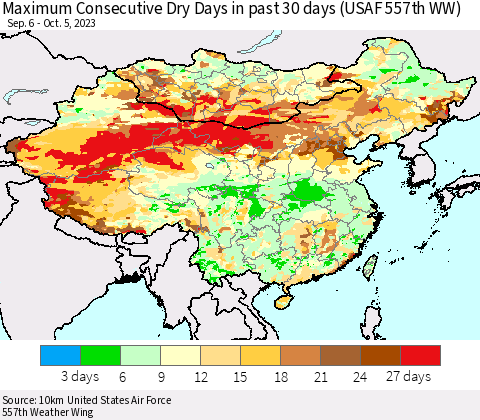 China, Mongolia and Taiwan Maximum Consecutive Dry Days in past 30 days (USAF 557th WW) 10/05/2023 Thematic Map For 10/1/2023 - 10/5/2023