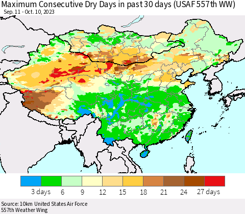 China, Mongolia and Taiwan Maximum Consecutive Dry Days in past 30 days (USAF 557th WW) 10/10/2023 Thematic Map For 10/6/2023 - 10/10/2023