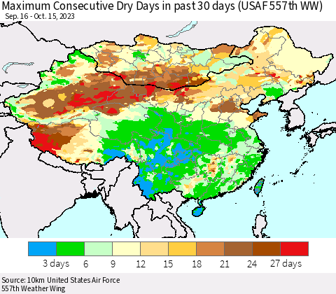 China, Mongolia and Taiwan Maximum Consecutive Dry Days in past 30 days (USAF 557th WW) 10/15/2023 Thematic Map For 10/11/2023 - 10/15/2023