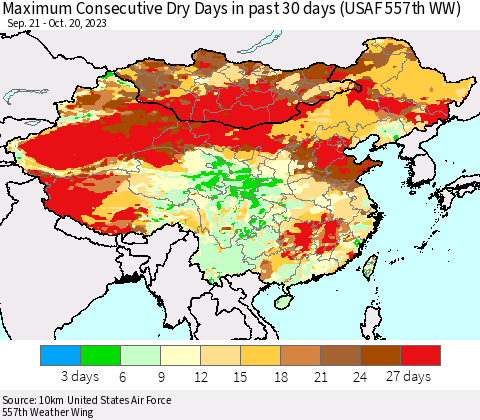 China, Mongolia and Taiwan Maximum Consecutive Dry Days in past 30 days (USAF 557th WW) 10/20/2023 Thematic Map For 10/16/2023 - 10/20/2023