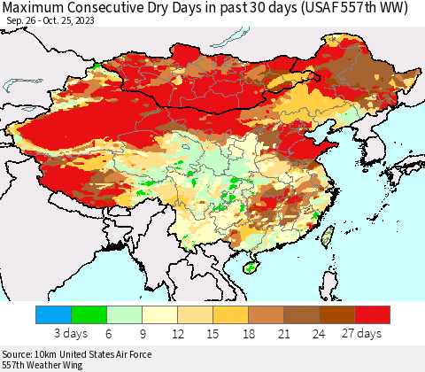 China, Mongolia and Taiwan Maximum Consecutive Dry Days in past 30 days (USAF 557th WW) 10/25/2023 Thematic Map For 10/21/2023 - 10/25/2023