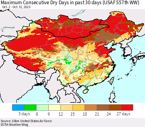 China, Mongolia and Taiwan Maximum Consecutive Dry Days in past 30 days (USAF 557th WW) 10/31/2023 Thematic Map For 10/26/2023 - 10/31/2023