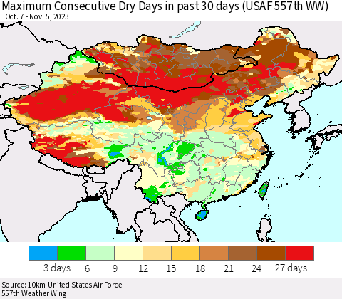 China, Mongolia and Taiwan Maximum Consecutive Dry Days in past 30 days (USAF 557th WW) 11/05/2023 Thematic Map For 11/1/2023 - 11/5/2023