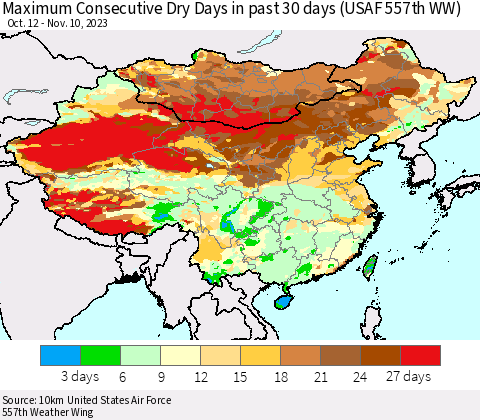 China, Mongolia and Taiwan Maximum Consecutive Dry Days in past 30 days (USAF 557th WW) 11/10/2023 Thematic Map For 11/6/2023 - 11/10/2023