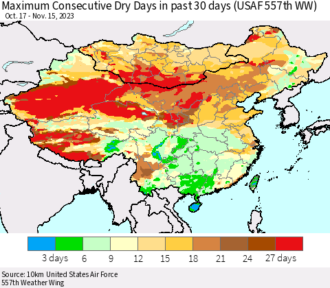 China, Mongolia and Taiwan Maximum Consecutive Dry Days in past 30 days (USAF 557th WW) 11/15/2023 Thematic Map For 11/11/2023 - 11/15/2023