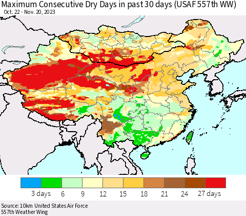 China, Mongolia and Taiwan Maximum Consecutive Dry Days in past 30 days (USAF 557th WW) 11/20/2023 Thematic Map For 11/16/2023 - 11/20/2023