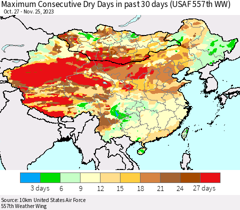 China, Mongolia and Taiwan Maximum Consecutive Dry Days in past 30 days (USAF 557th WW) 11/25/2023 Thematic Map For 11/21/2023 - 11/25/2023