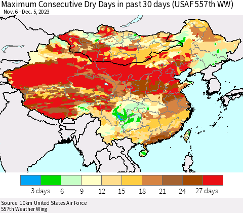 China, Mongolia and Taiwan Maximum Consecutive Dry Days in past 30 days (USAF 557th WW) 12/05/2023 Thematic Map For 12/1/2023 - 12/5/2023