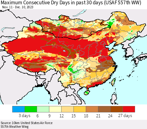 China, Mongolia and Taiwan Maximum Consecutive Dry Days in past 30 days (USAF 557th WW) 12/10/2023 Thematic Map For 12/6/2023 - 12/10/2023