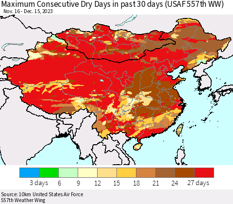 China, Mongolia and Taiwan Maximum Consecutive Dry Days in past 30 days (USAF 557th WW) 12/15/2023 Thematic Map For 12/11/2023 - 12/15/2023