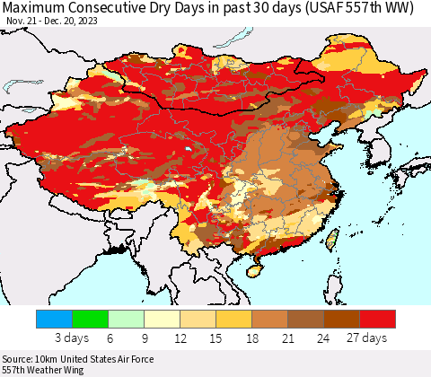 China, Mongolia and Taiwan Maximum Consecutive Dry Days in past 30 days (USAF 557th WW) 12/20/2023 Thematic Map For 12/16/2023 - 12/20/2023