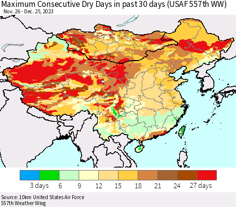 China, Mongolia and Taiwan Maximum Consecutive Dry Days in past 30 days (USAF 557th WW) 12/25/2023 Thematic Map For 12/21/2023 - 12/25/2023
