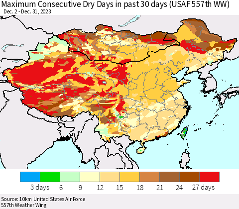 China, Mongolia and Taiwan Maximum Consecutive Dry Days in past 30 days (USAF 557th WW) 12/31/2023 Thematic Map For 12/26/2023 - 12/31/2023