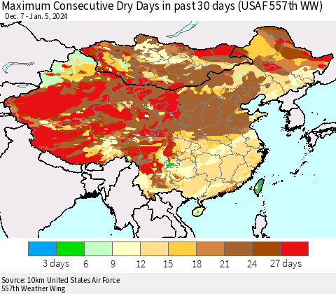 China, Mongolia and Taiwan Maximum Consecutive Dry Days in past 30 days (USAF 557th WW) 01/05/2024 Thematic Map For 1/1/2024 - 1/5/2024