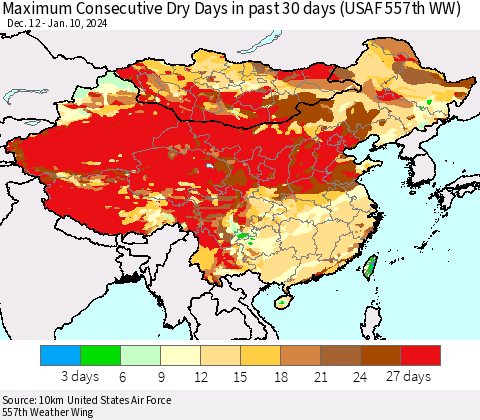 China, Mongolia and Taiwan Maximum Consecutive Dry Days in past 30 days (USAF 557th WW) 01/10/2024 Thematic Map For 1/6/2024 - 1/10/2024