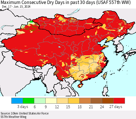 China, Mongolia and Taiwan Maximum Consecutive Dry Days in past 30 days (USAF 557th WW) 01/15/2024 Thematic Map For 1/11/2024 - 1/15/2024