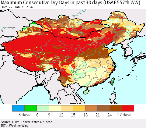 China, Mongolia and Taiwan Maximum Consecutive Dry Days in past 30 days (USAF 557th WW) 01/20/2024 Thematic Map For 1/16/2024 - 1/20/2024