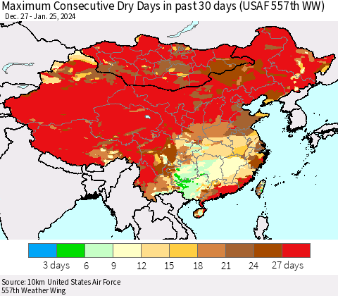 China, Mongolia and Taiwan Maximum Consecutive Dry Days in past 30 days (USAF 557th WW) 01/25/2024 Thematic Map For 1/21/2024 - 1/25/2024