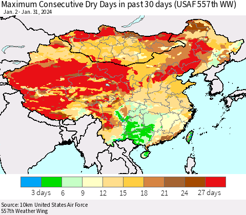 China, Mongolia and Taiwan Maximum Consecutive Dry Days in past 30 days (USAF 557th WW) 01/31/2024 Thematic Map For 1/26/2024 - 1/31/2024