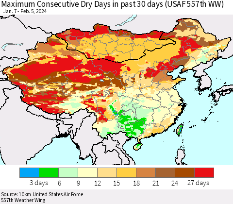 China, Mongolia and Taiwan Maximum Consecutive Dry Days in past 30 days (USAF 557th WW) 02/05/2024 Thematic Map For 2/1/2024 - 2/5/2024