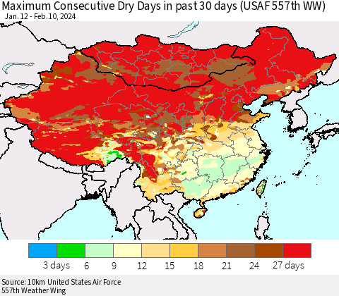 China, Mongolia and Taiwan Maximum Consecutive Dry Days in past 30 days (USAF 557th WW) 02/10/2024 Thematic Map For 2/6/2024 - 2/10/2024