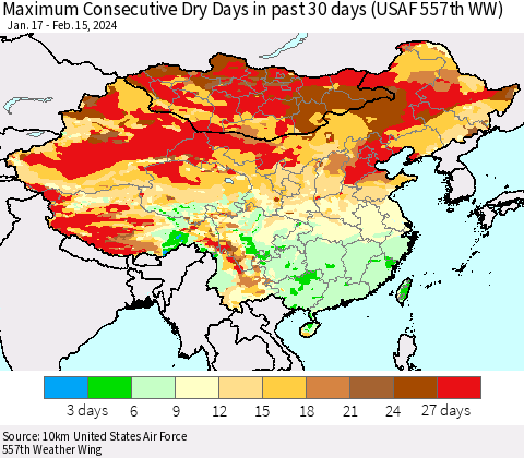 China, Mongolia and Taiwan Maximum Consecutive Dry Days in past 30 days (USAF 557th WW) 02/15/2024 Thematic Map For 2/11/2024 - 2/15/2024